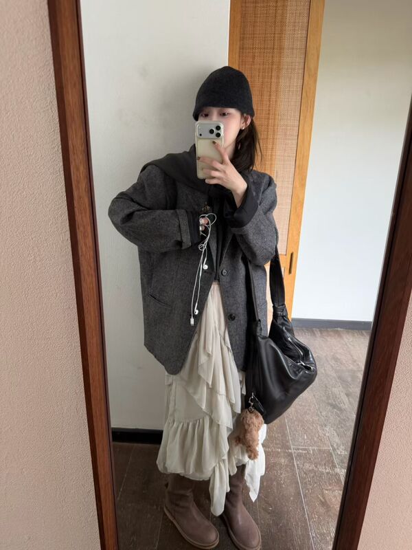 Montague/High-End Gray Textured Blazer Korean Retro Style Loose-Fitting Elegant Fashion Autumn and Winter Top Montague/High-End Gray Textured Blazer Korean Retro Style Loose-Fitting Elegant Fashion Autumn and Winter Top