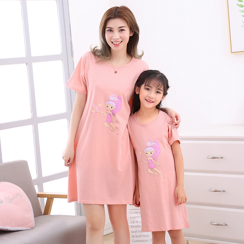 Cô gái ngủ váy mùa hè cotton mỏng vừa lớn bé chúa mẹ và con gái cô gái mẹ ít ngắn tay trẻ em pajama váy