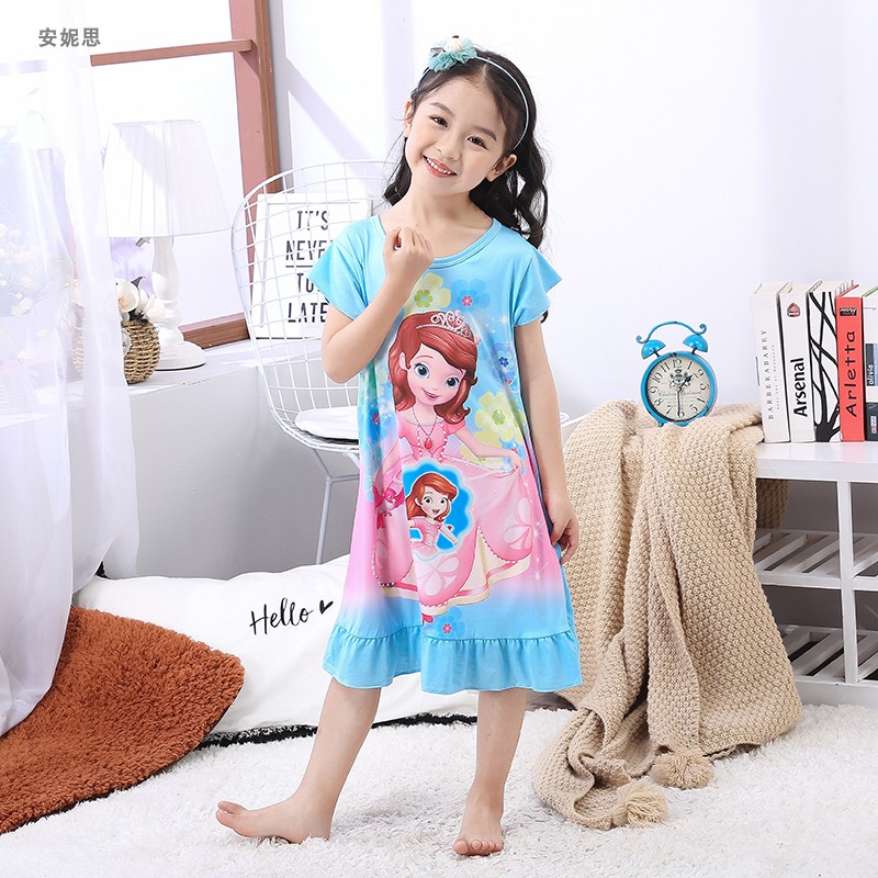 Cô gái sling ngủ váy mùa hè phim hoạt hình ngắn tay pajama váy cotton ít cô gái trẻ em công chúa vest váy nhà.