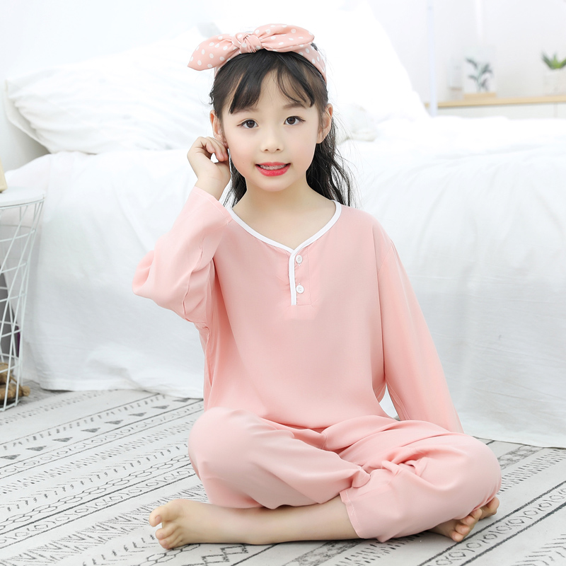 Mùa hè trẻ em cotton lụa pajama set dài tay cậu bé gái mỏng trẻ em lụa quần áo nhà điều hòa không khí quần áo.