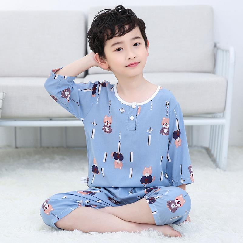 Childrens lụa bông pajama set boy mùa hè bảy tay áo trẻ em mùa hè mỏng mùa hè phù hợp với điều hòa không khí nam và nữ.