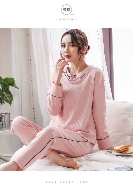 Bộ đồ ngủ nữ dài tay cotton mùa xuân và mùa thu phong cách hàn quốc cộng với người béo size lớn cotton mỏng phục vụ tại nhà bộ đồ hai mảnh mùa hè - Bộ Pajama