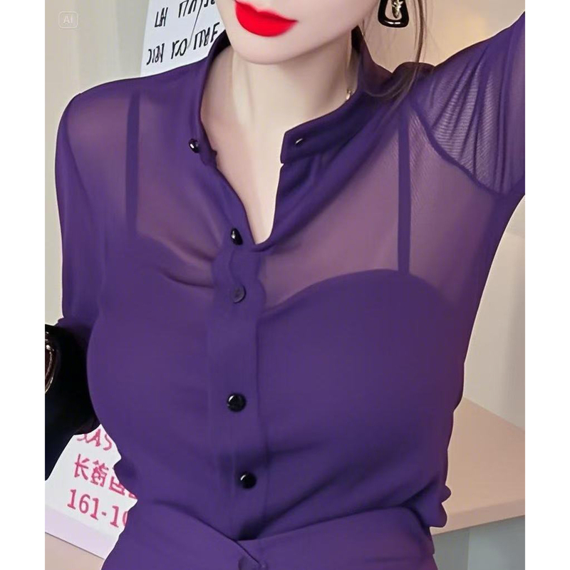 French-Style Black Mesh Thin Long-Sleeved Slightly See-Through Shirt for Women, New Popular Spring and Summer High-End Elegant Base Shirt