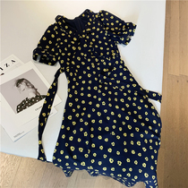 Little Daisy floral chiffon dress 2021 summer Korean version of French V-neck lace-up waist knee skirt children