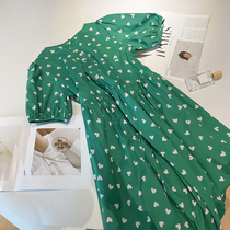 Green Love Flower Bubble Sleeve Dress Women 2021 Summer New French Loose A- shaped Doll Dress