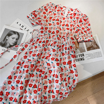 Broken flower bubble sleeve dress 2021 summer dress new Korean version loose long French lace-up temperament skirt women