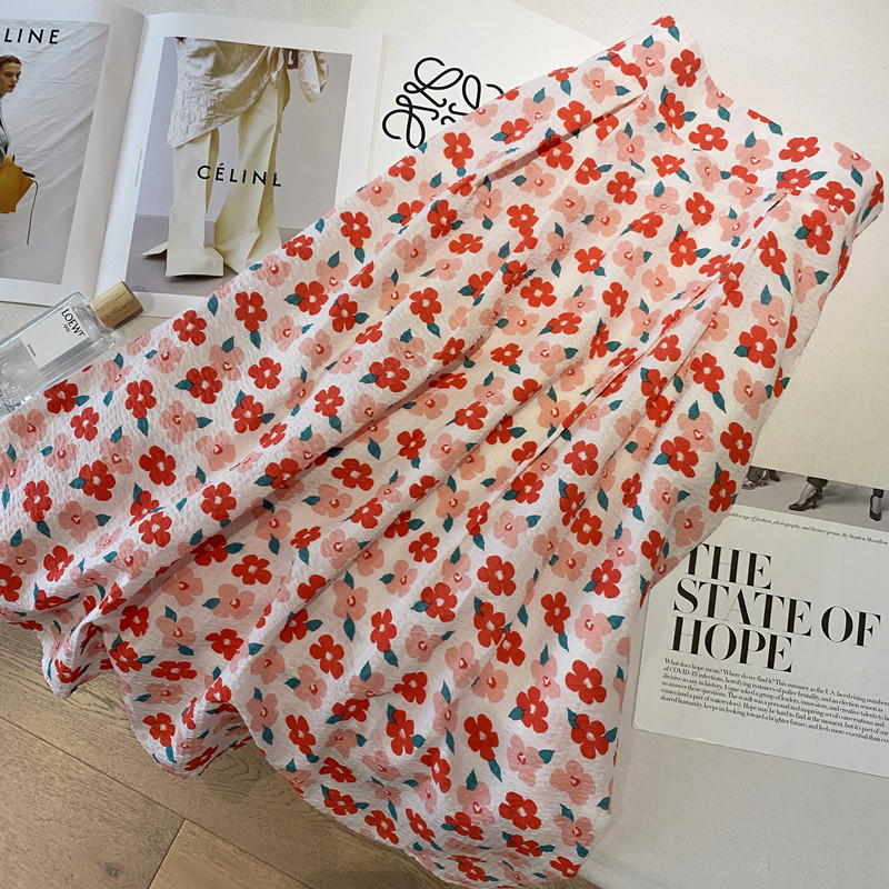 Floral bubble cotton pleated skirt women's 2023 summer new Korean version high waist thin French print umbrella skirt