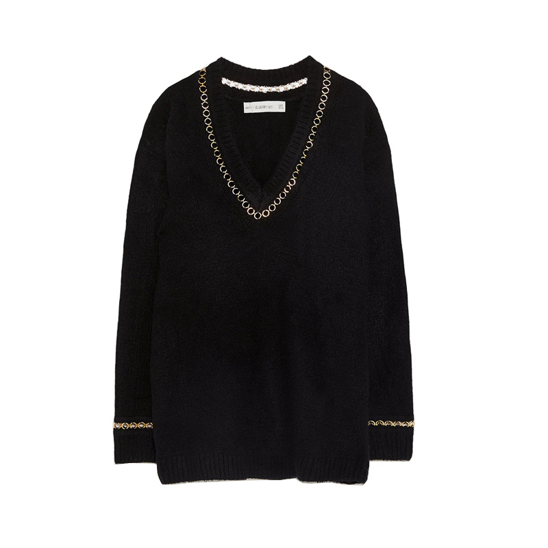 Mùa thu sản phẩm mới za nữ trang trí chuỗi áo len cổ chữ V chạm đáy áo len ra6873 / 142 6873142 cardigan nam
