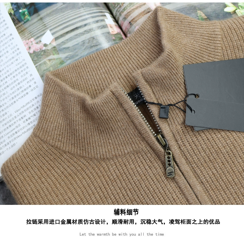 Một hàng hóa sang trọng phù hợp tinh khiết cashmere của người đàn ông thỏi dày dây kéo nửa cao cổ áo thời trang giản dị áo thun