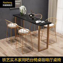Nordic light luxury Wrought iron solid wood bar table and chair Home milk tea shop wall bar table high foot table and chair combination