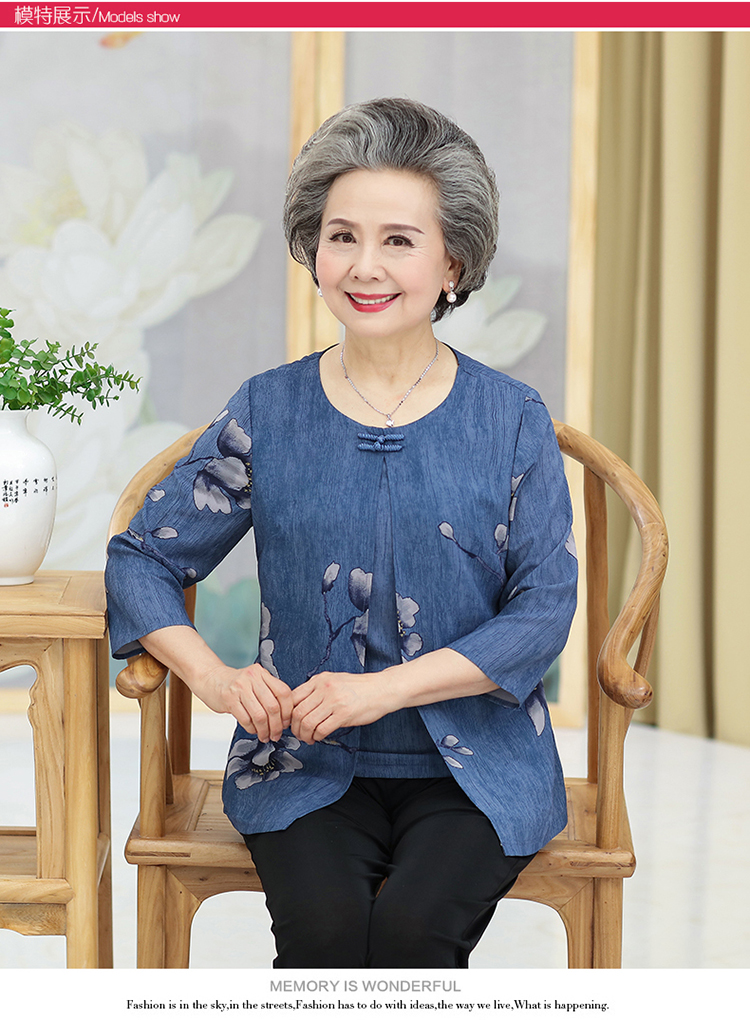 Bà già quần áo mùa xuân bà ngoại 60 tuổi Mẹ trung niên set áo ngắn tay mùa xuân và áo thu 70 đầm tuổi trung niên