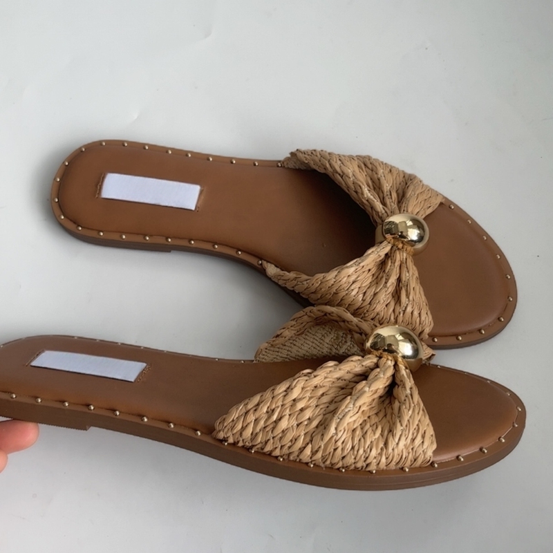 Original Export Order 2026 Summer New Style Woven Bow Flat Sandals for Women, Square Toe, Suitable for Outdoor Wear, Vacation Style Cool Slippers