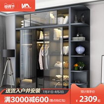 Nordic glass push-pull sliding door wardrobe Modern simple wooden locker storage combination Home bedroom large wardrobe