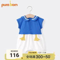 Boarnese infant one-piece dress Xias male and female baby short sleeves Tang old duck cartoon styled cute climbing suit