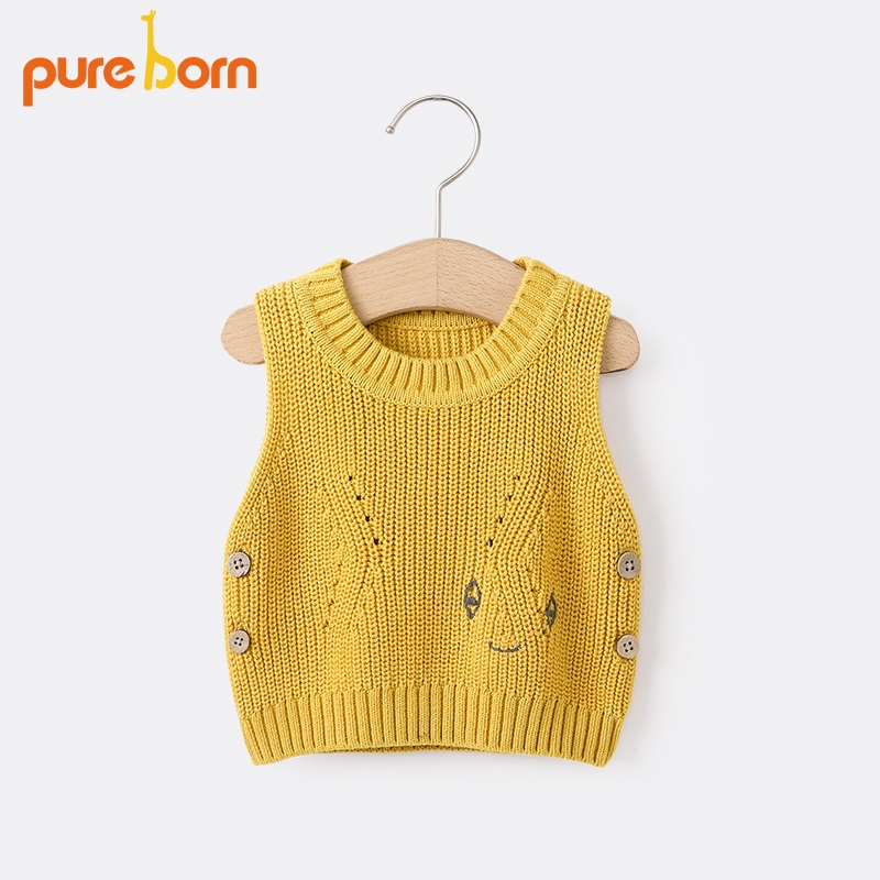 bé Pureborn bông dệt kim vest mùa thu dễ thương phim hoạt hình đầu nam và nữ không tay shoulderless.