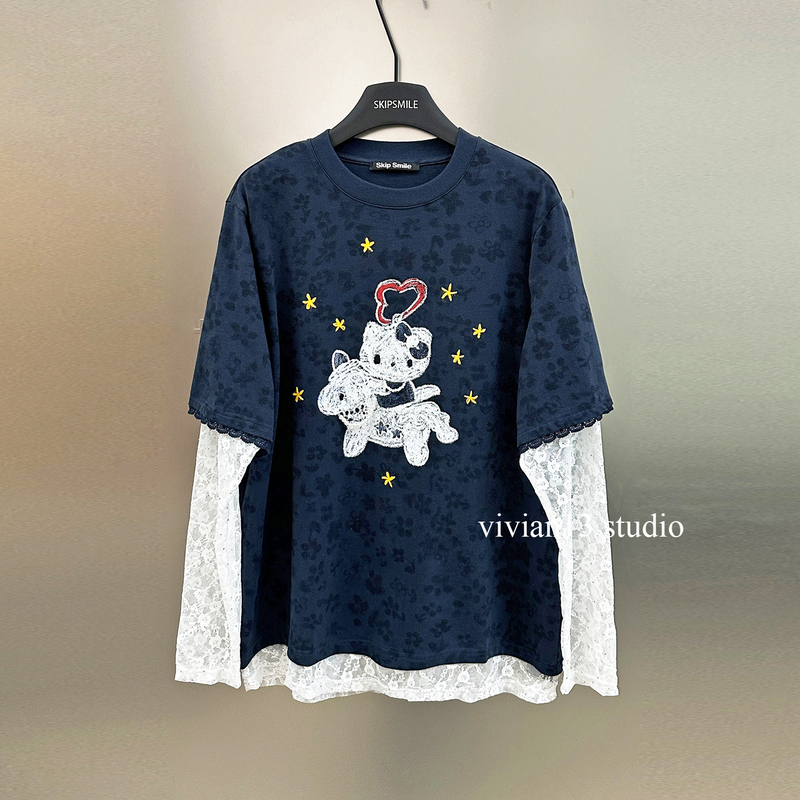 [Hot Sale] Sweet and Cute Cat Riding a Horse Pattern Print Lace Patchwork Long Sleeve T-Shirt Women's Loose Top