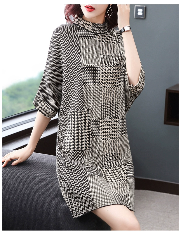 Nina trôi 2018 mùa thu mới nửa cao cổ áo houndstooth áo len váy đoạn dài bảy điểm tay áo đáy áo phụ nữ