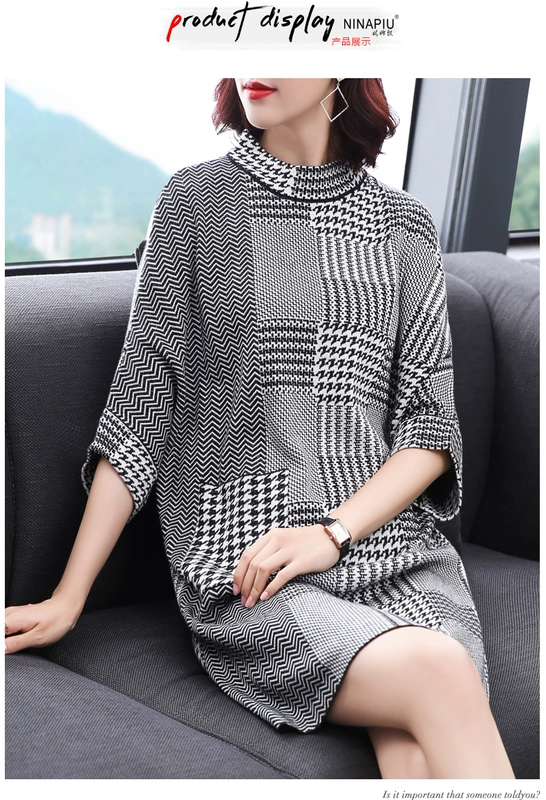 Nina trôi 2018 mùa thu mới nửa cao cổ áo houndstooth áo len váy đoạn dài bảy điểm tay áo đáy áo phụ nữ