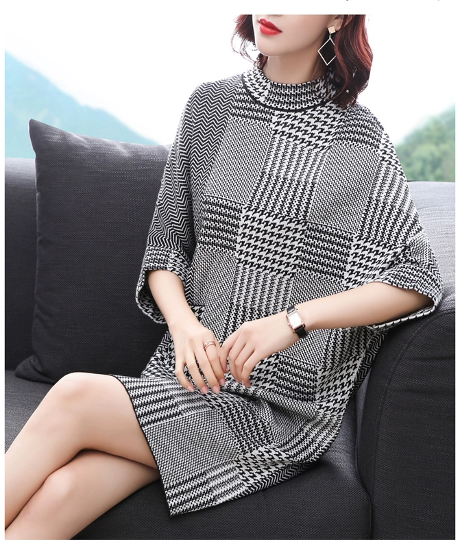 Nina trôi 2018 mùa thu mới nửa cao cổ áo houndstooth áo len váy đoạn dài bảy điểm tay áo đáy áo phụ nữ