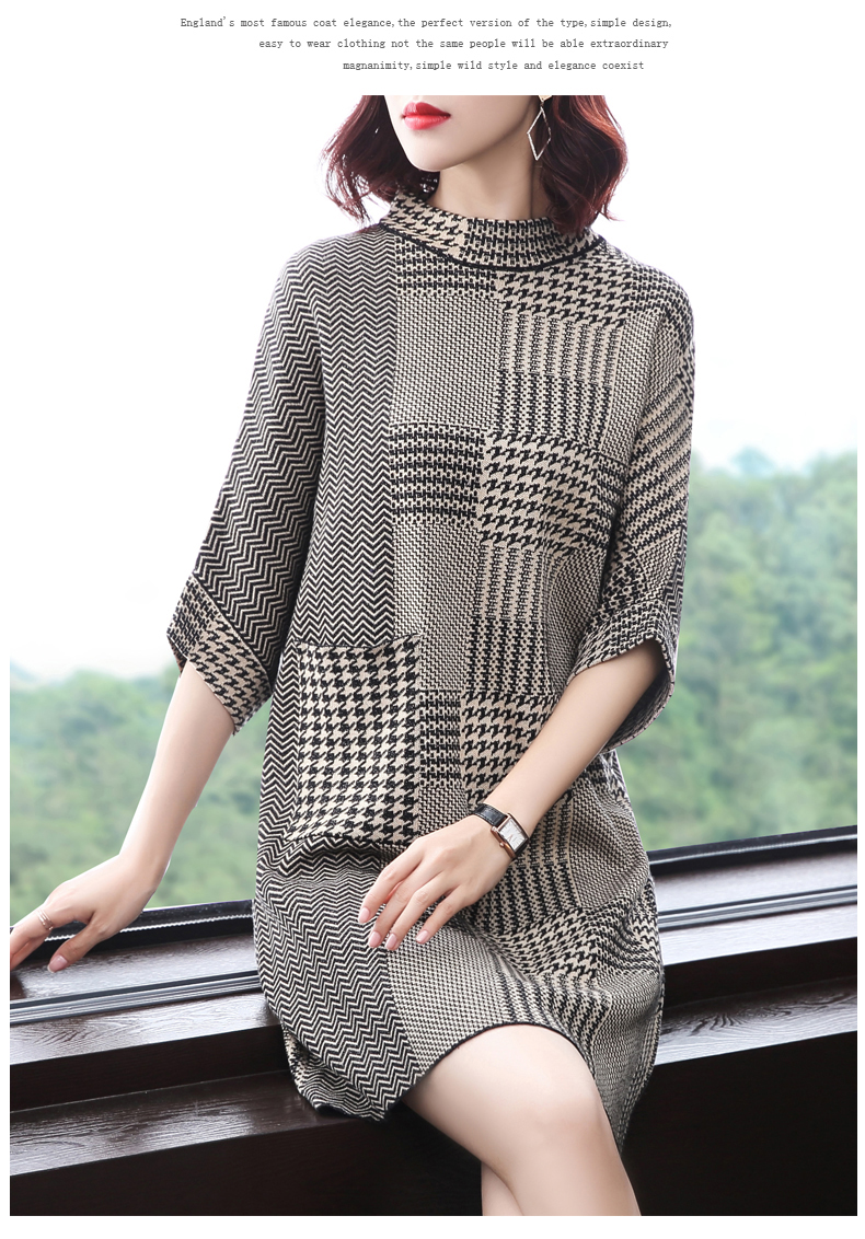 Nina trôi 2018 mùa thu mới nửa cao cổ áo houndstooth áo len váy đoạn dài bảy điểm tay áo đáy áo phụ nữ áo kiểu trung niên u50