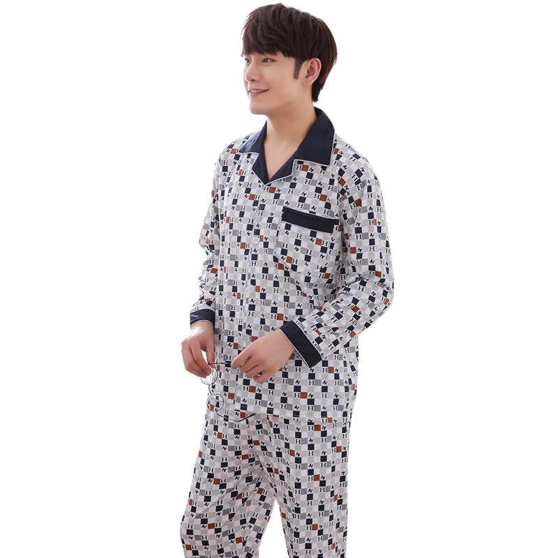 Bộ đồ ngủ mens áo dài tay cotton mùa thu / mùa đông trẻ trung niên mùa xuân và mùa thu mens đồ ngủ bộ cotton mỏng mùa đông nhà quần áo.