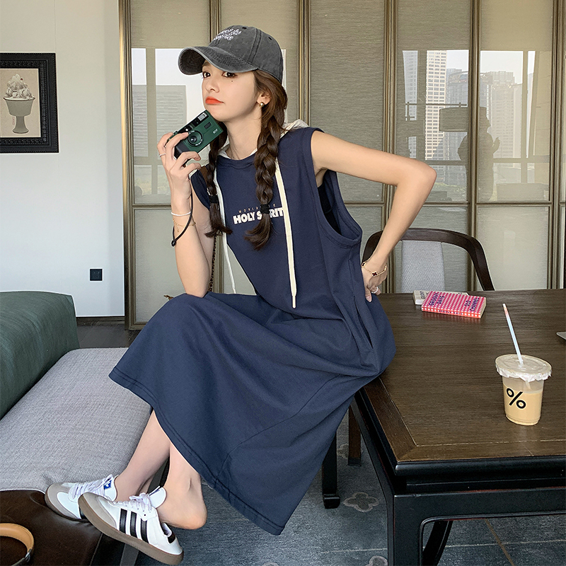 Blue Sleeveless Hooded T-Shirt Dress for Women, Summer Thin Style 2025, Korean Style, Loose Fit, Slimming Design, Casual Dress