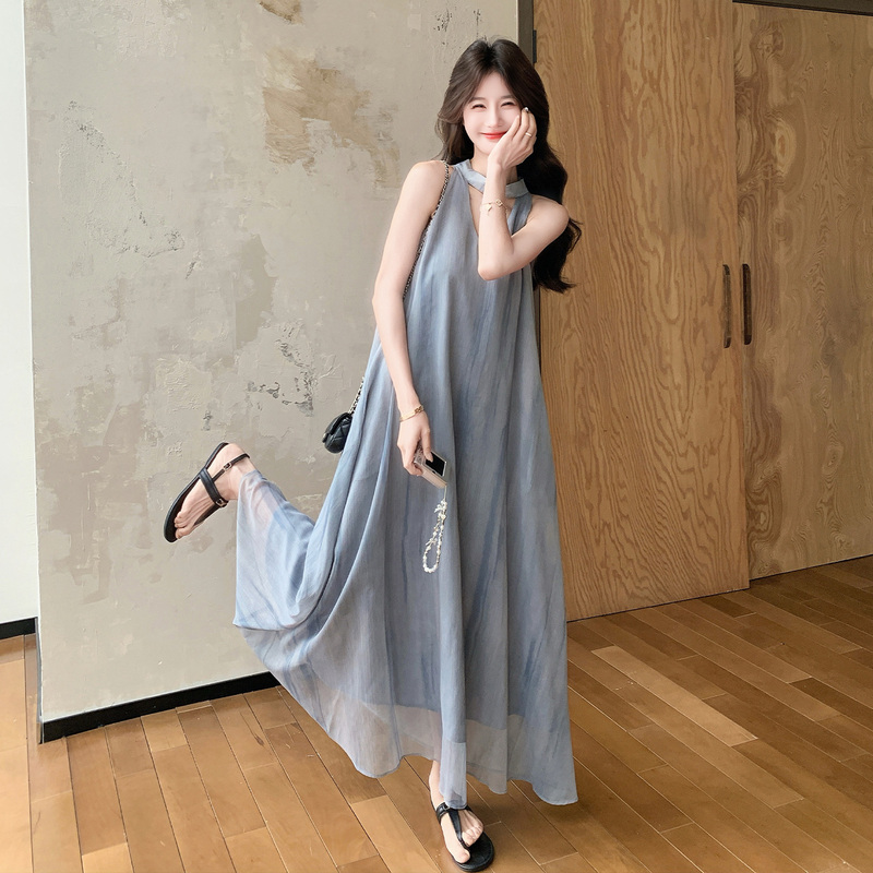 Mist Blue and Gray Halter Neck Sleeveless Tank Dress for Women, Summer Style, Stunning and Elegant, Vacation Style, Extra Long Ankle-Length Dress