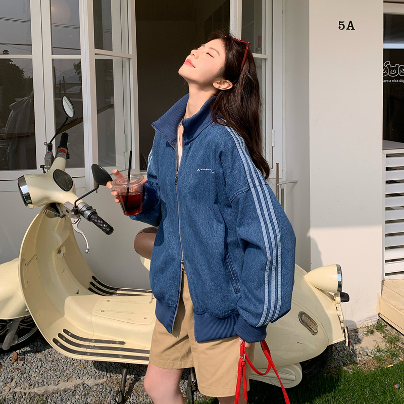 American Retro Color-Blocked Knitted Stand-Up Collar Denim Jacket for Women, New Spring and Autumn Style, College Style Short Flight Jacket