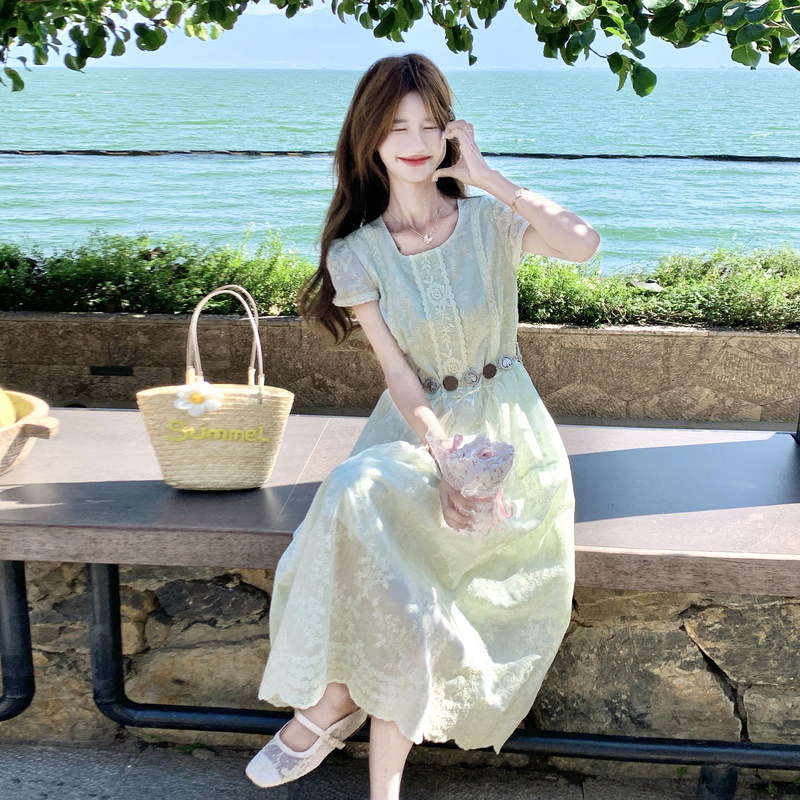 Light Green Embroidered Waist-Cinching A-Line Dress for Women, Summer 2026 New French Gentle Style Mid-Length A-Line Skirt Light Green Embroidered Waist-Cinching A-Line Dress for Women, Summer 2026 New French Gentle Style Mid-Length A-Line Skirt