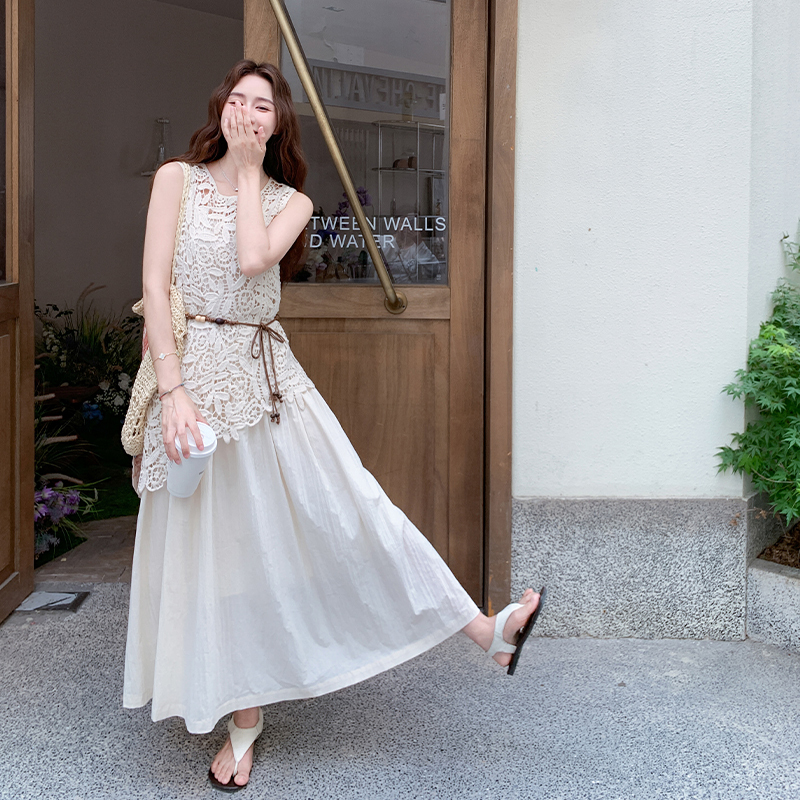 Bohemian Lace Hollow-Out Blouse and Suspender Dress Set, Two-Piece Set for Women, Summer French Gentle Style, Vacation Style