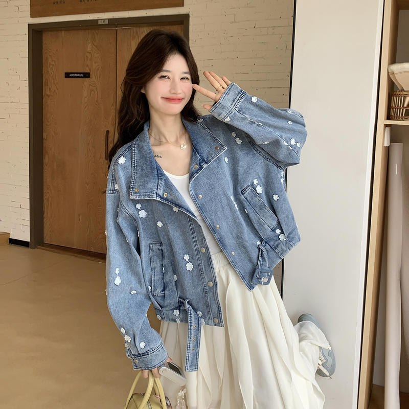 Blue Retro Embroidered Floral Denim Jacket for Women, Spring and Autumn 2026 New Style, Versatile Short Waist-Cinching Jacket