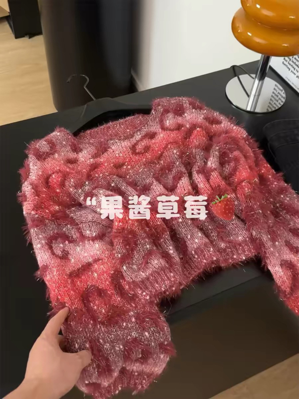 Original Product Recommended! Sophisticated Shimmering Strawberry Jam Red Sweater for Women, Autumn and Winter Outerwear, Lazy yet High-End Fashion Top