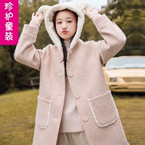 Girls woolen coat winter dress childrens college style Korean version of medium length plus velvet thickened woolen coat tide