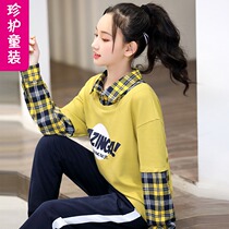 Girls Korean version of loose leisure clothes childrens college style in the spring and autumn printing thin fake two pieces