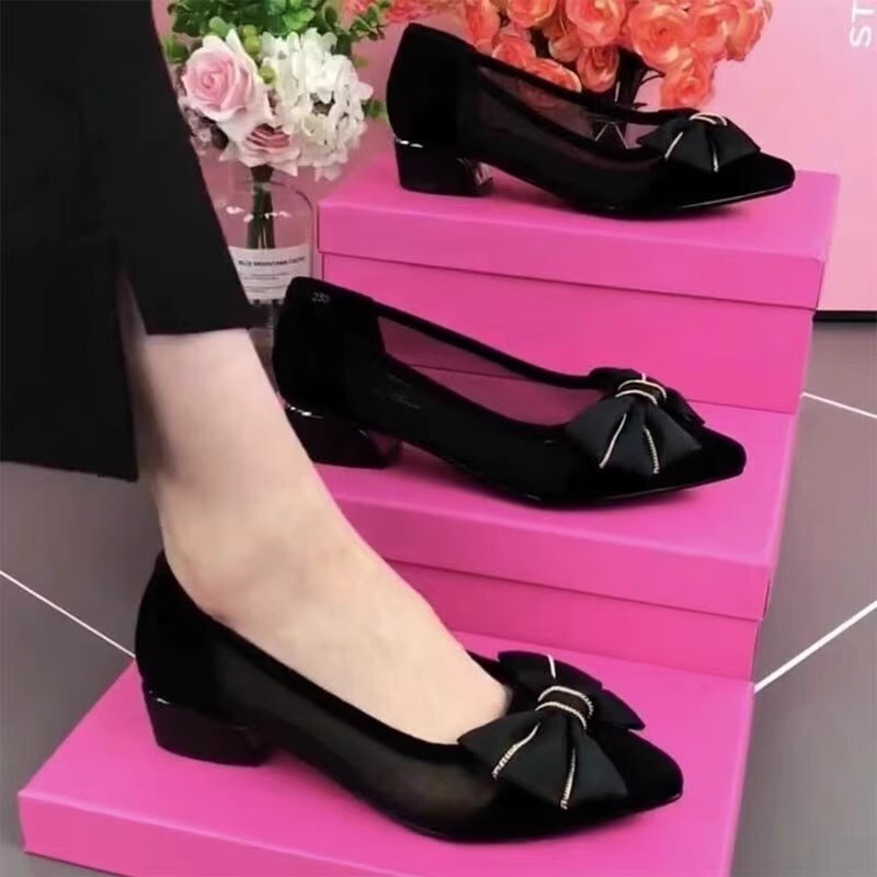 Brand Shoes Genuine Leather Low-Heeled Mesh Women's Shoes 2025 Summer Bow Pointed Toe Thick Heel Breathable Sandals Mesh Flats Brand Shoes Genuine Leather Low-Heeled Mesh Women's Shoes 2025 Summer Bow Pointed Toe Thick Heel Breathable Sandals Mesh Flats
