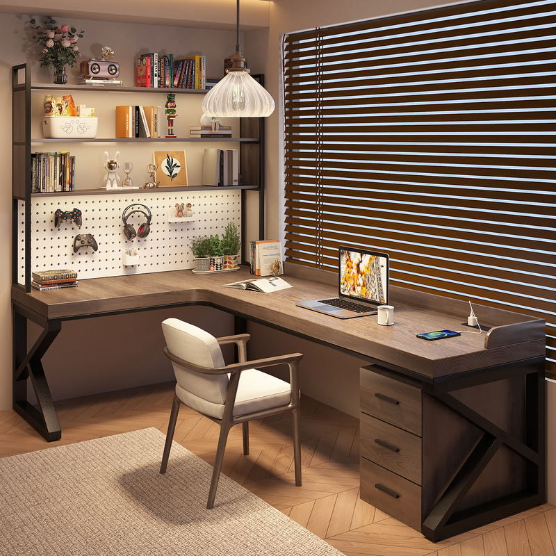 Solid Wood Corner Desk with Bookshelf Integrated into the Bedroom, Wall-Mounted Double L-Shaped Computer Desk, Corner Office Study Workbench