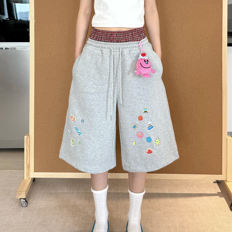 Pfr and Double Waistband Color-Blocked Cropped Pants Cartoon Print Casual Loose Sweatpants Unisex Trendy Pants