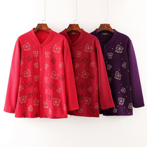  Middle-aged and elderly thermal underwear womens winter thickened plus velvet plus size mother cardigan autumn clothes single-piece top bottoming shirt