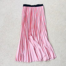 Export single spring and autumn womens elastic waist skirt pink striped pleated fairy dress slim slim medium long skirt