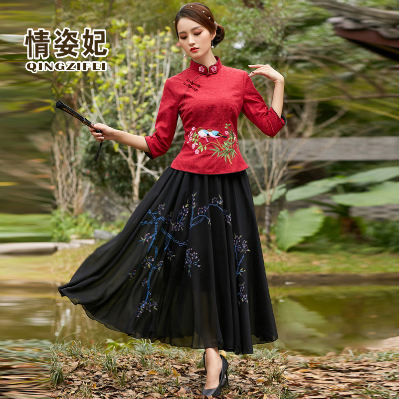 phụ nữ trà váy gió của Trung Quốc đang lớn han quần áo retro tấm khóa Tang quần áo áo khoác Quốc Gió dân được cải thiện sườn xám áo khoác hai mảnh bộ