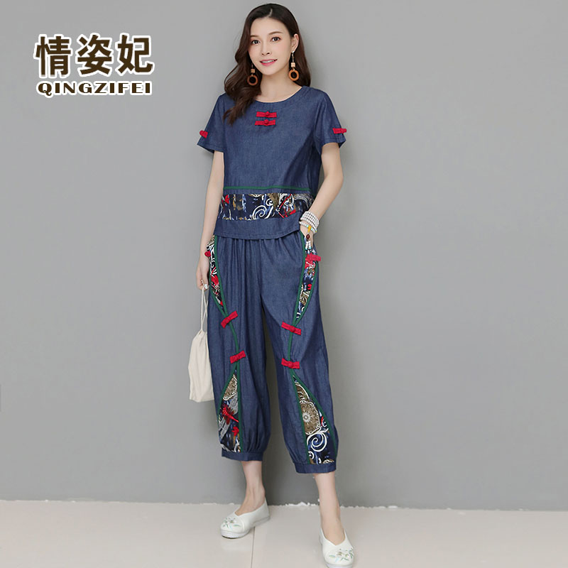 Trung Quốc Tang phù hợp với mùa hè trang phục quốc gia theo phong cách retro denim khâu thêu ngắn tay đầu quần rộng chân hai mảnh bộ