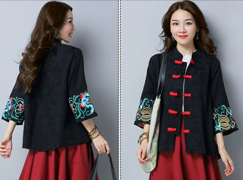 Ханьфу, ретро ципао, куртка, с вышивкой, из хлопка и льна, оверсайз