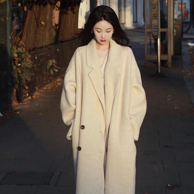 Oatmeal White Double-Sided Cashmere Coat for Women, Mid-Length, 26 Autumn and Winter New Style, Korean Version, High-End Woolen Coat