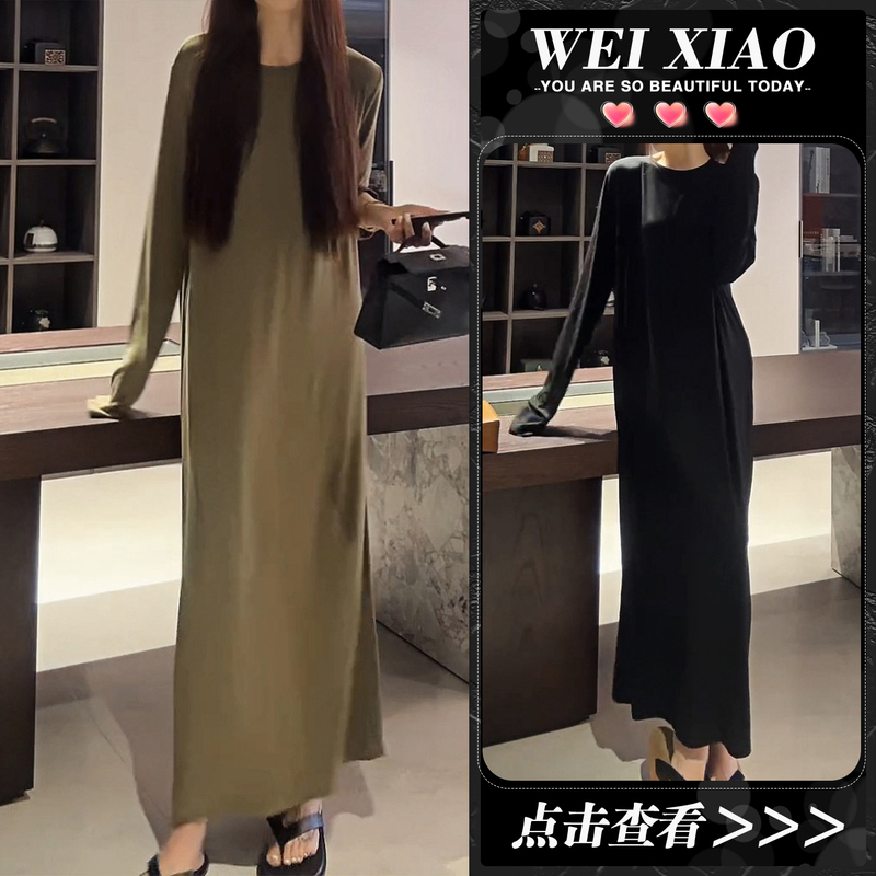 High-End Solid Color Round Neck Trendy Long-Sleeved Simple Style Dress for Women Summer Lace-Up Chic Loose Slimming Dress