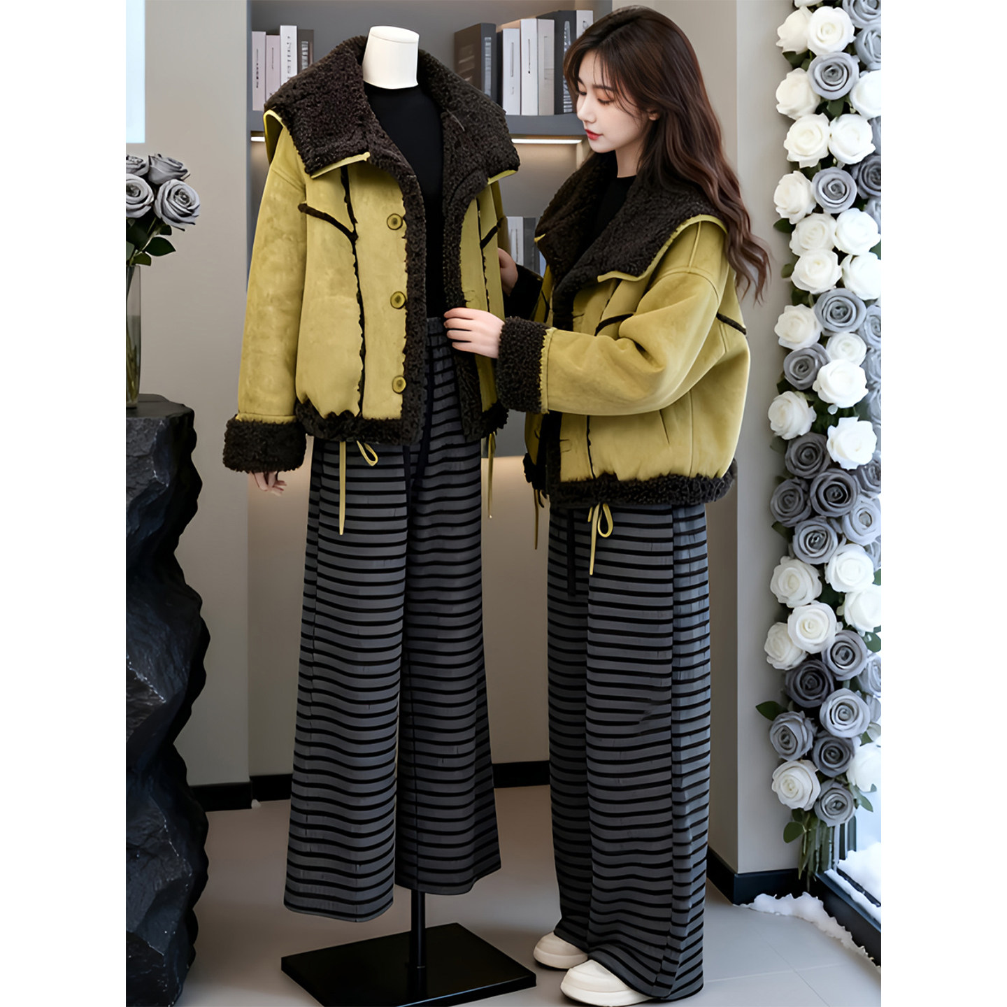 撞色时尚拼接毛毛两面穿外套女2026冬季新款时髦洋气加厚保暖上衣