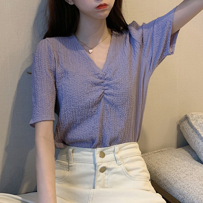 Short-sleeved design female niche Western style purple 2020 new summer V-neck Korean style pleated top T-shirt women's ins