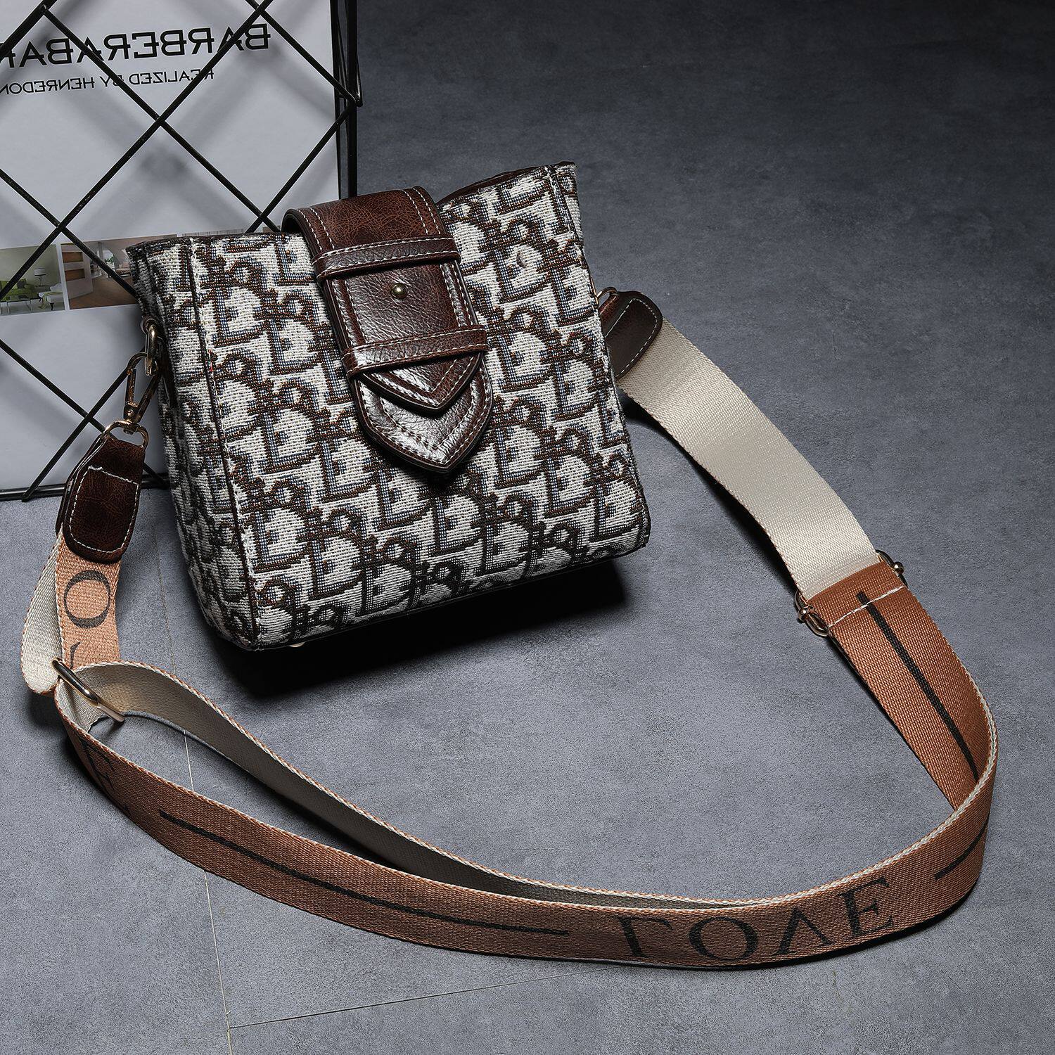 Bucket bag women's 2021 new fashion autumn and winter woolen bag wide version with one shoulder messenger canvas letter women's bag