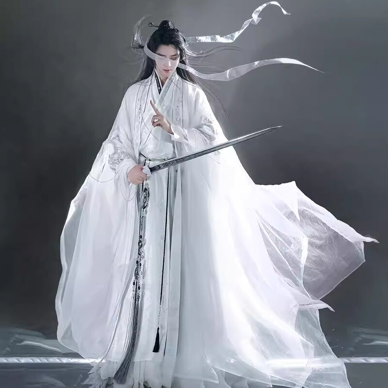 New Style of Chinese Embroidery, Improved Han Elements, Flowing Large Sleeves, Ancient Costume from the Northern and Southern Dynasties, Wei and Jin Dynasty, White Hanfu for Men