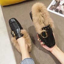 Hong Kong slip-on plush shoes womens winter outer wear 2022 new velvet cotton shoes high-heeled flat-bottomed rabbit hair beanie shoes women
