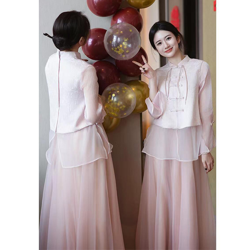 New Chinese-Style Bridesmaid Dress 2026 New Spring Pink National Style Suit High-End Wedding Sister Group Dress Slimming